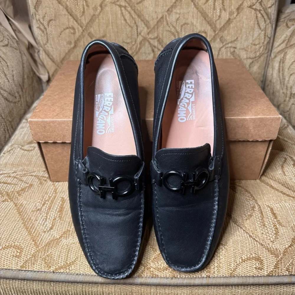 Ferragamo Salvatore Black Leather Men's‎ 10 EEE Dress Slip-on Loafers